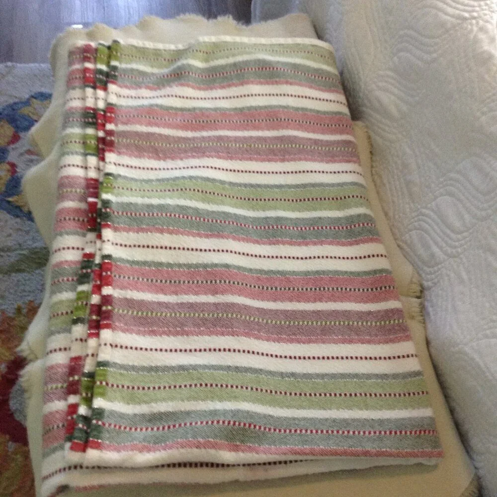 VTG Christmas Tablecloth; 100% Cotton, Striped, White Pines, 54x94